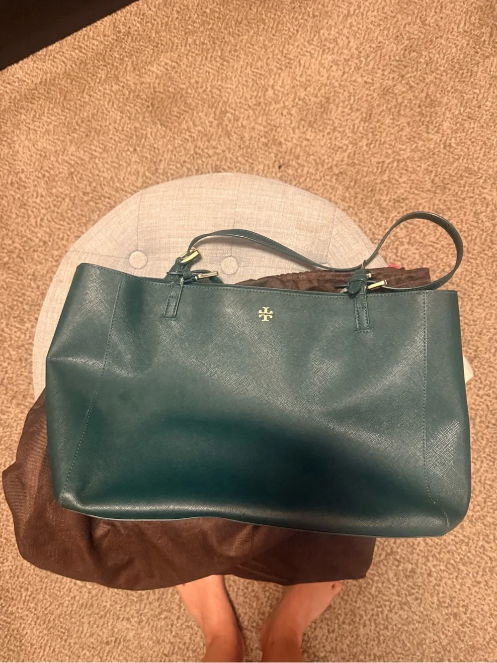 Tory Burch Dark Green Leather Tote with Gold Emblem